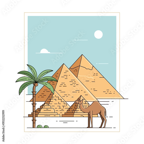 Egyptian Pyramids and Camel in Desert Landscape with Palm Tree