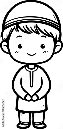 Smiling boy wearing traditional Muslim clothing and kufi cap