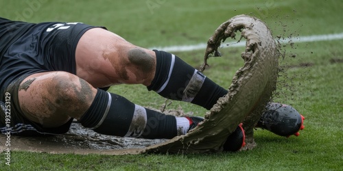Soccer player sliding in wet muddy field close up of legs and splash dynamic sports action outdoor training concept