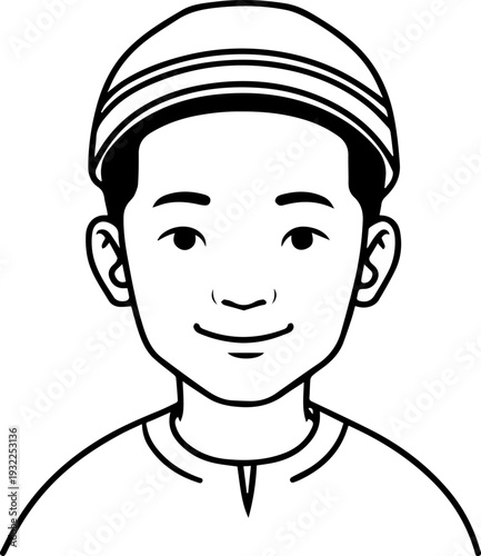 Smiling boy wearing traditional Muslim clothing and kufi cap