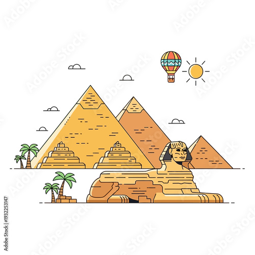 Egyptian Pyramids and Sphinx with Hot Air Balloon and Palm Trees
