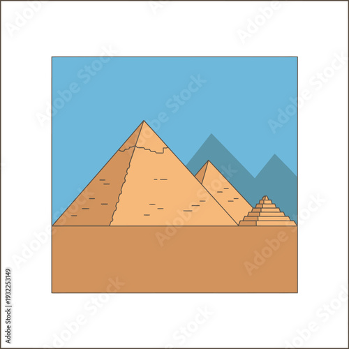 Flat illustration of Egyptian pyramids under a blue sky, ancient wonders