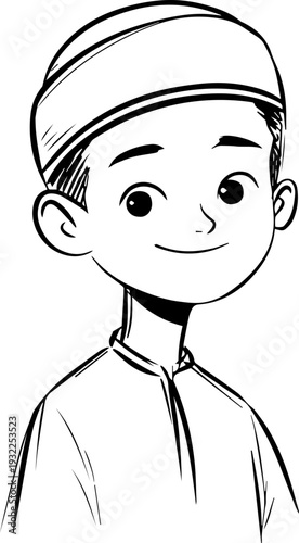 Smiling boy wearing traditional Muslim clothing and kufi cap