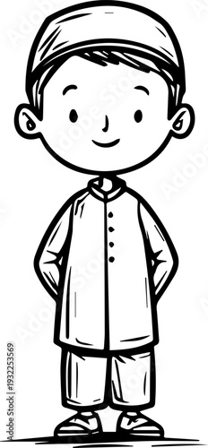 Smiling boy wearing traditional Muslim clothing and kufi cap