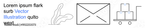 Logistics, delivery service, shipping, package tracking, e-commerce, communication. Black-and-white outline of an envelope, packages on a trolley and a plant. Logistics and delivery service concept
