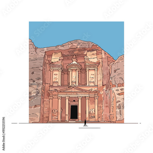Iconic Petra Treasury facade carved into sandstone cliff, Jordan, with a tiny figure for scale.