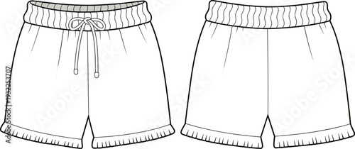 Casual shorts CAD drawing flat vector illustration, front and back view elastic waistband summer loungewear technical fashion design template