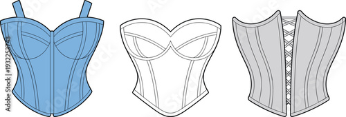 Corset top CAD drawing flat vector illustration, front and back view bustier lingerie technical fashion design template set