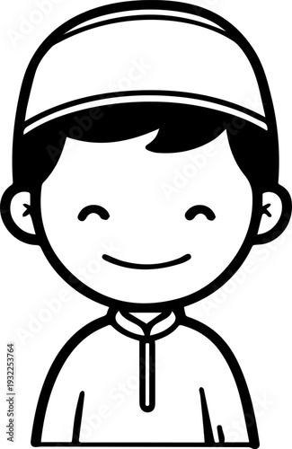 Smiling boy wearing traditional Muslim clothing and kufi cap