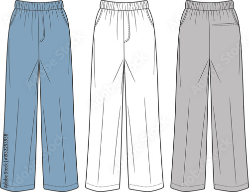 Jogger pants CAD drawing flat vector illustration, front and back view elastic waist casual trousers technical fashion design template