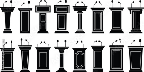 Podium lectern icon set, black speaker tribune silhouettes with microphones, conference stage stand collection isolated vector style