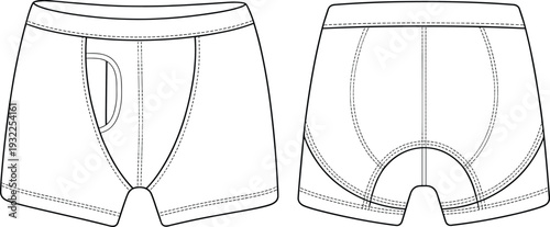 Men boxer briefs CAD drawing flat vector illustration, front and back view underwear technical fashion design template