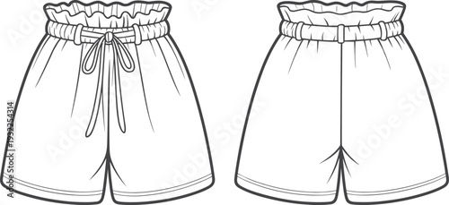 Paperbag waist shorts CAD drawing flat vector illustration, front and back view belted summer fashion design template