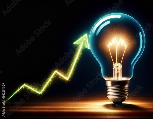 light glowing bulb with grow up arrow rise in price of electricity isolated black