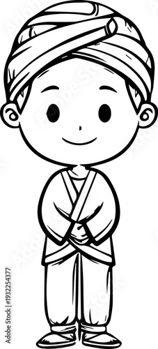 Smiling boy wearing traditional Muslim clothing and kufi cap