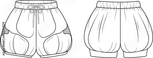 Puff shorts CAD drawing flat vector illustration, front and back view high waist elastic waistband casual fashion design template