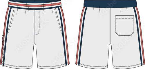Retro sport shorts CAD drawing flat vector illustration, front and back view stripe detail athletic wear technical design template