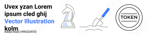 Digital strategy, blockchain mining, investment, cryptocurrency, branding, and gaming. Chess knight, shovel digging and a token design. Strategy and blockchain mining concept