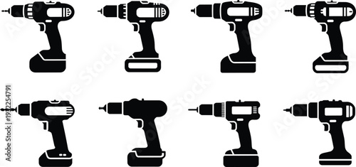 Cordless drill silhouette set, electric screwdriver tool icons collection, power drill black vector illustration isolated on white background