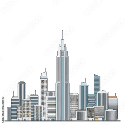 Modern cityscape illustration with diverse skyscrapers and buildings, clean vector art.