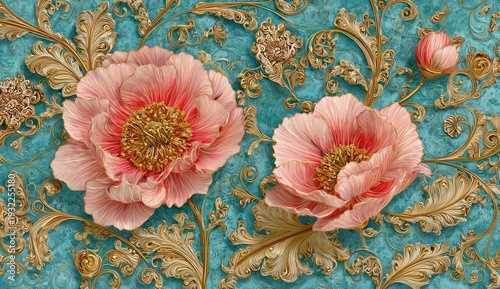 Elegant Floral Design with Detailed Pink Flowers and Gold Accents