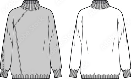 Turtleneck sweater CAD drawing flat vector illustration, front and back view mockup, oversized knit pullover outline, technical fashion design template