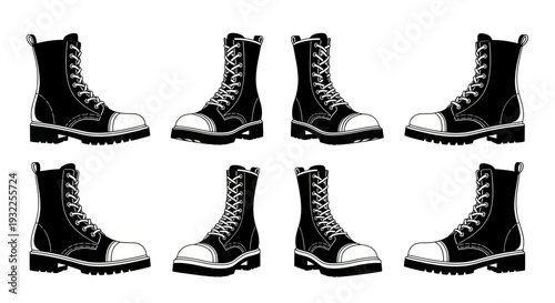 Black Combat Boots Pattern, Grunge Style, White Background