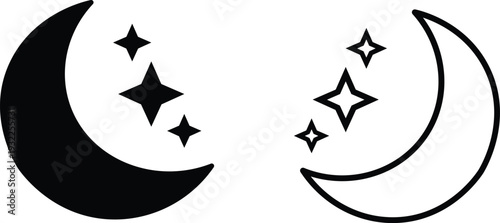 Black crescent moon and four star on white background stars night
