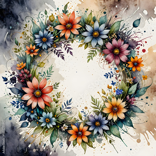 Detailed flower wreath on a textured surface with diverse colorful blooms