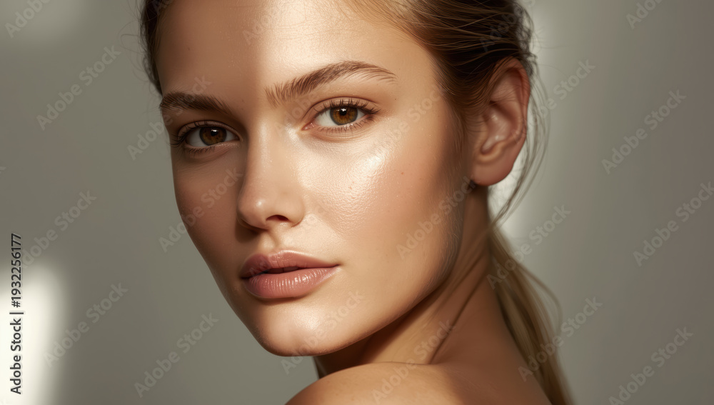 Naklejka premium Natural beauty portrait young woman with soft lighting and warm skin glow