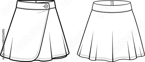 Wrap skirt CAD drawing flat vector illustration, front and back view technical fashion design, high waist A line mini skirt template