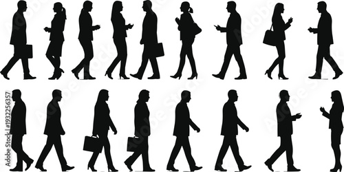 Business people walking silhouettes vector set, professional commuters crowd illustration isolated on white background for stock