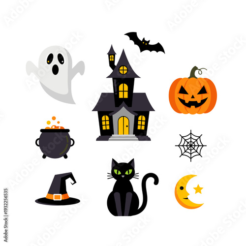 Halloween Spooky Icons Collection Haunted House Pumpkin Bat Ghost