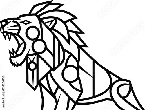 Stylized black and white geometric lion roaring head profile icon design suggesting strength and nobility