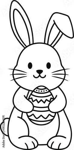 Adorable black and white line art drawing of an Easter bunny sweetly clutching a decorated holiday egg