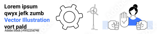 Renewable energy, teamwork, industrial processes, clean energy, progress, innovation. Gear, wind turbine and hands collaboration and progress. Renewable energy and teamwork concept