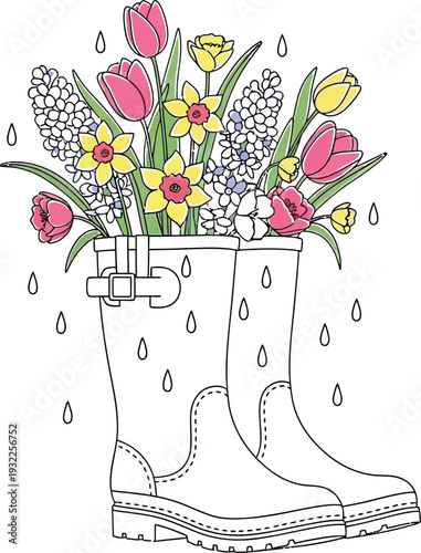 Colorful spring flowers, including tulips, daffodils, and hyacinths, bloom vibrantly from a pair of blue rain boots amidst falling raindrops.
