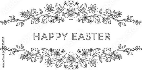 This elegant black and white "Happy Easter" greeting is beautifully adorned with intricate hand-drawn floral wreaths and delicate spring blossoms.