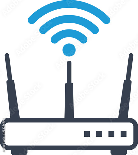 Dark blue wireless router with three antennas broadcasting blue wi- fi signal wi-fi internet