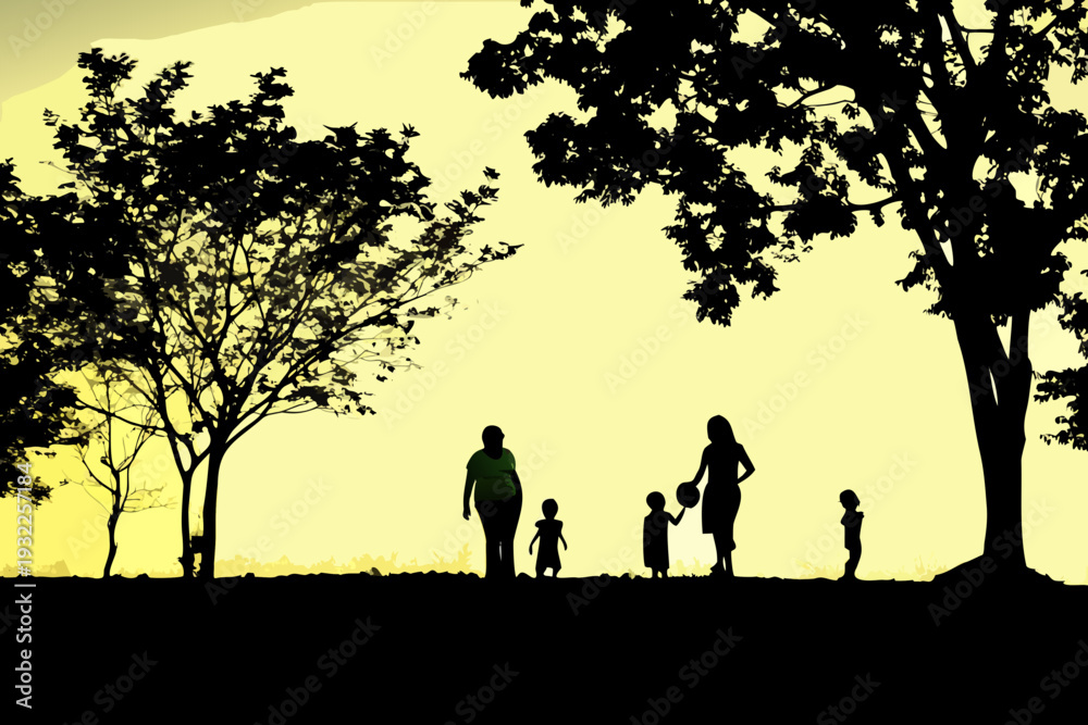 Fototapeta premium A family silhouetted against a vibrant golden sunset landscape