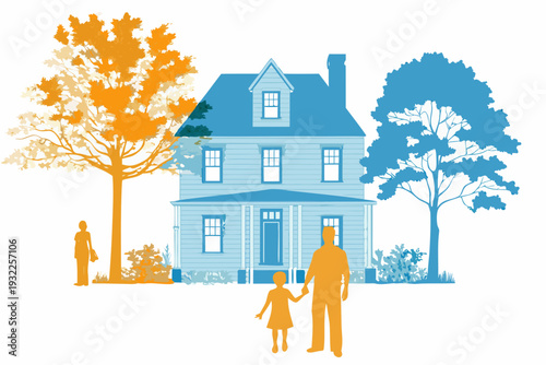 A colorful illustration depicting a house family and surrounding trees