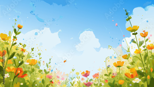 A vibrant illustrated meadow with wildflowers under a bright blue sky