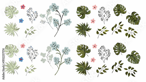 Stylized botanical illustration featuring tropical leaves and delicate flowers