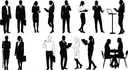 Business people silhouettes working and communicating vector set, professional office interaction scenes isolated on white