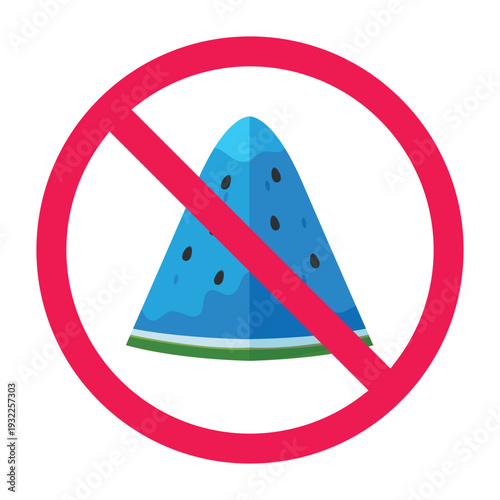 No modified food, no artificial fruit, forbidden sign with blue watermelon icon, vector illustration