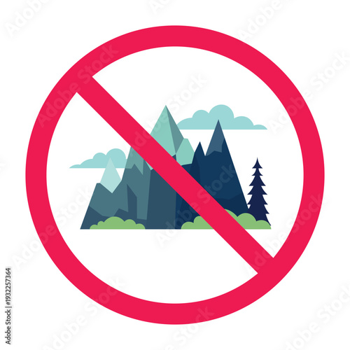 No mountain sign, no landscape forbidden sign, prohibited landscape symbol vector illustration, isolated on white background
