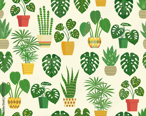 A colorful repeating pattern featuring various potted houseplants and foliage