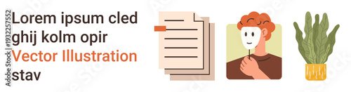 Identity protection, privacy, self-expression, communication, documentation, nature. A person holding a mask, a document stack and a potted plant. Identity protection and privacy-themed visual