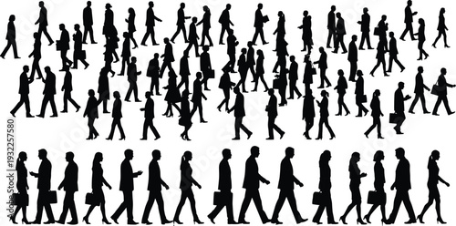 Large crowd of business people walking silhouettes vector, urban commuters group illustration isolated on white