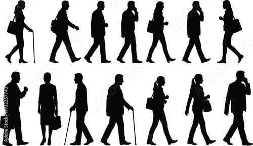 Silhouette of business people walking with briefcases and documents in a row for professional office environment